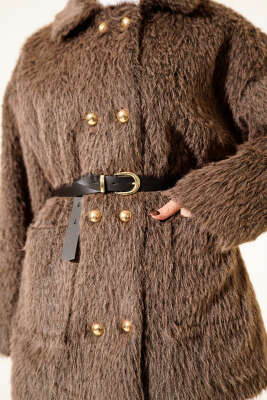 Gold Düğmeli Sakallı Kemerli Ceket Kahve - Ceket