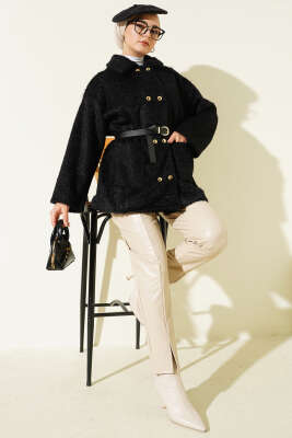 Gold Düğmeli Sakallı Kemerli Ceket Siyah - Ceket