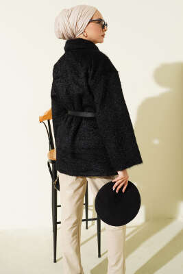 Gold Düğmeli Sakallı Kemerli Ceket Siyah - Ceket