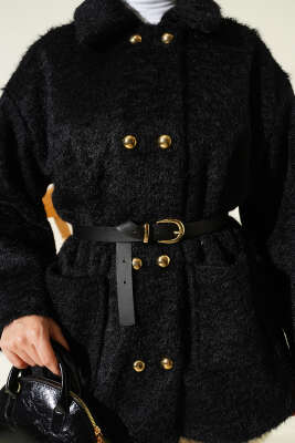 Gold Düğmeli Sakallı Kemerli Ceket Siyah - Ceket