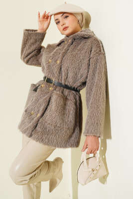 Gold Düğmeli Sakallı Kemerli Ceket Vizon - DUFON