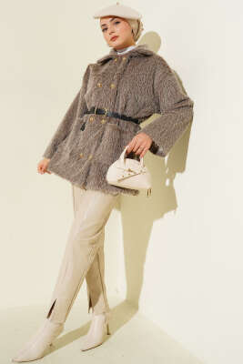 Gold Düğmeli Sakallı Kemerli Ceket Vizon - Ceket