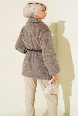 Gold Düğmeli Sakallı Kemerli Ceket Vizon - Ceket