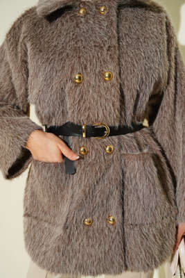 Gold Düğmeli Sakallı Kemerli Ceket Vizon - Ceket