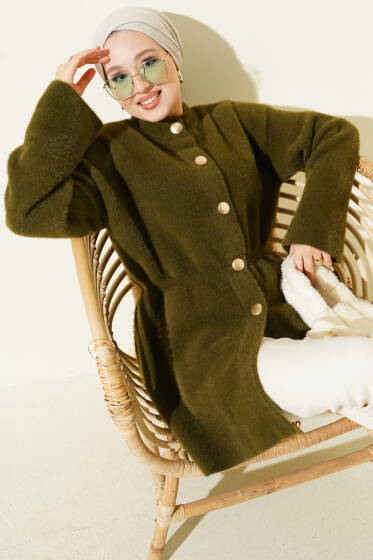 Gold Düğmeli Sakallı Triko Hırka Haki - Hırka