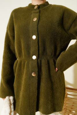 Gold Düğmeli Sakallı Triko Hırka Haki - Hırka