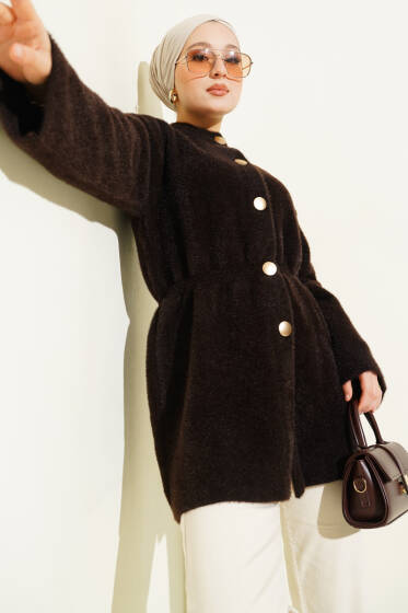 Gold Düğmeli Sakallı Triko Hırka Kahve - Hırka