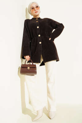 Gold Düğmeli Sakallı Triko Hırka Kahve - Hırka