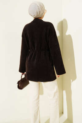 Gold Düğmeli Sakallı Triko Hırka Kahve - Hırka