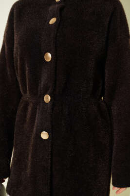 Gold Düğmeli Sakallı Triko Hırka Kahve - Hırka