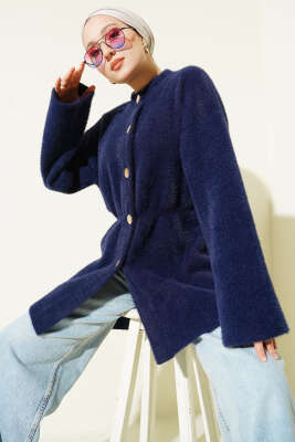 Gold Düğmeli Sakallı Triko Hırka Lacivert - ARISOY