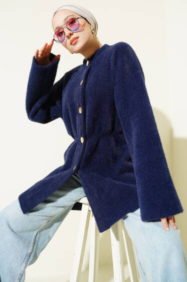 Gold Düğmeli Sakallı Triko Hırka Lacivert - Hırka