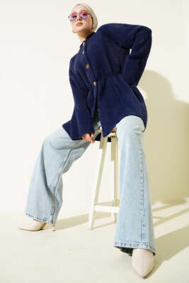 Gold Düğmeli Sakallı Triko Hırka Lacivert - Hırka