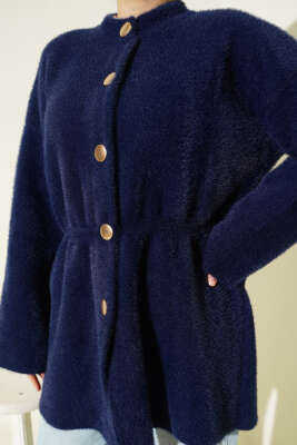 Gold Düğmeli Sakallı Triko Hırka Lacivert - Hırka