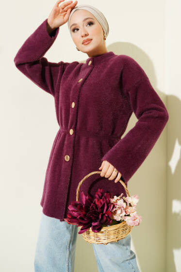 Gold Düğmeli Sakallı Triko Hırka Mürdüm - Hırka