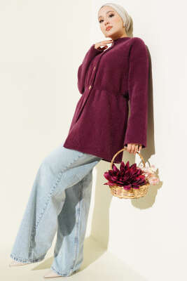 Gold Düğmeli Sakallı Triko Hırka Mürdüm - Hırka