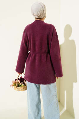 Gold Düğmeli Sakallı Triko Hırka Mürdüm - Hırka