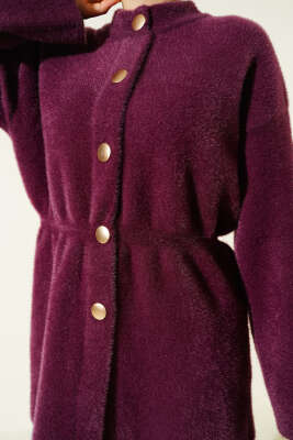 Gold Düğmeli Sakallı Triko Hırka Mürdüm - Hırka