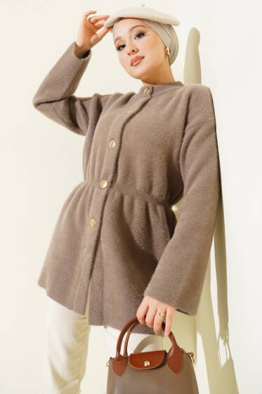 Gold Düğmeli Sakallı Triko Hırka Vizon - Hırka