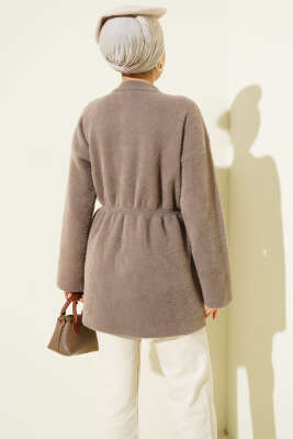 Gold Düğmeli Sakallı Triko Hırka Vizon - Hırka