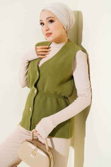 Gold Düğmeli Sakallı Yelek Çağla Yeşili - Yelek