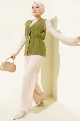 Gold Düğmeli Sakallı Yelek Çağla Yeşili - Yelek