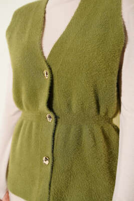 Gold Düğmeli Sakallı Yelek Çağla Yeşili - Yelek