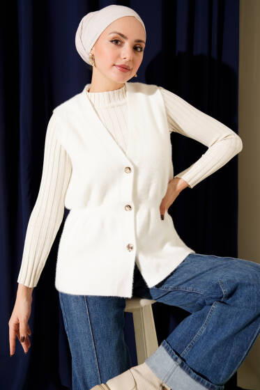 Gold Düğmeli Sakallı Yelek Ekru - Yelek