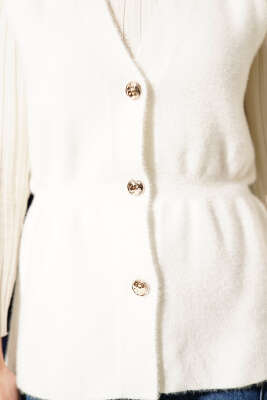 Gold Düğmeli Sakallı Yelek Ekru - Yelek