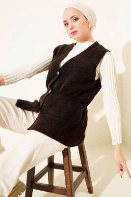 Gold Düğmeli Sakallı Yelek Kahve - ARISOY