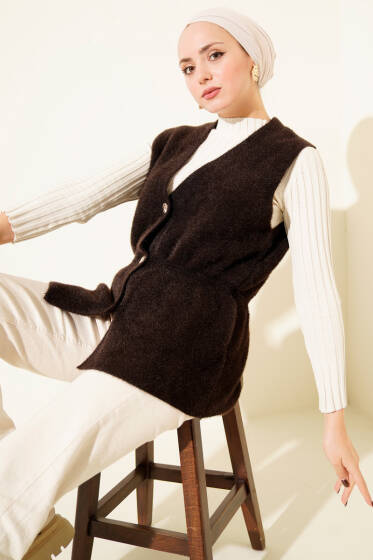 Gold Düğmeli Sakallı Yelek Kahve - Yelek