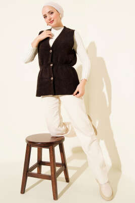 Gold Düğmeli Sakallı Yelek Kahve - Yelek