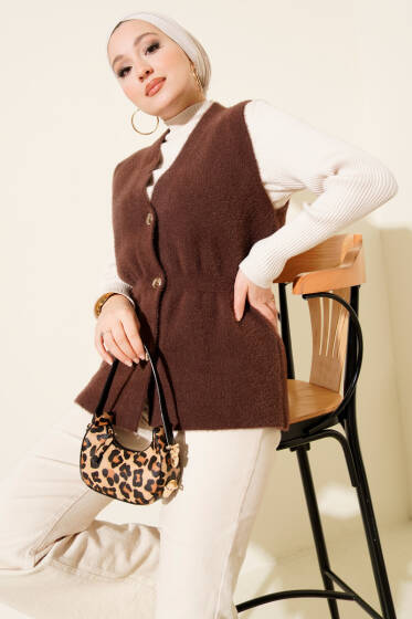 Gold Düğmeli Sakallı Yelek Kestane - Yelek