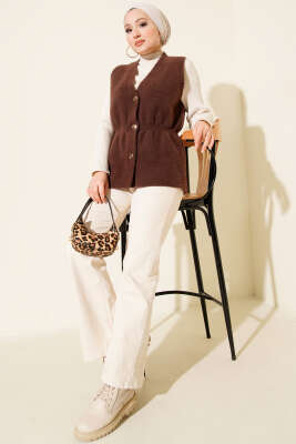 Gold Düğmeli Sakallı Yelek Kestane - Yelek