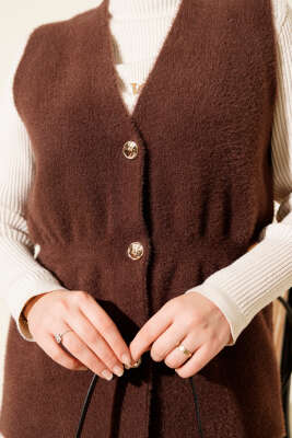 Gold Düğmeli Sakallı Yelek Kestane - Yelek