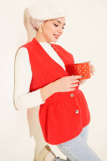 Gold Düğmeli Sakallı Yelek Kırmızı - Yelek