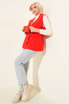 Gold Düğmeli Sakallı Yelek Kırmızı - Yelek