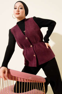 Gold Düğmeli Sakallı Yelek Mürdüm - ARISOY