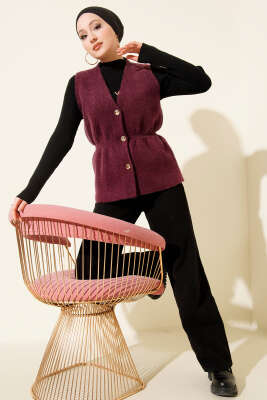 Gold Düğmeli Sakallı Yelek Mürdüm - Yelek