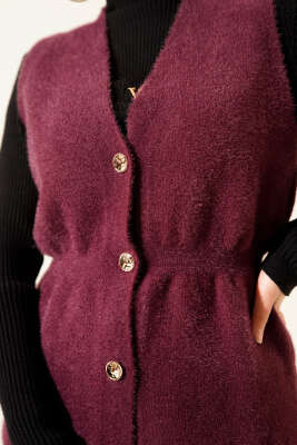 Gold Düğmeli Sakallı Yelek Mürdüm - Yelek