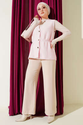 Gold Düğmeli Sakallı Yelek Pembe - Yelek