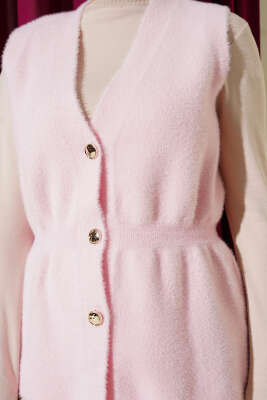 Gold Düğmeli Sakallı Yelek Pembe - Yelek