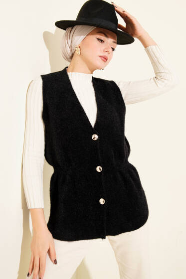 Gold Düğmeli Sakallı Yelek Siyah - Yelek