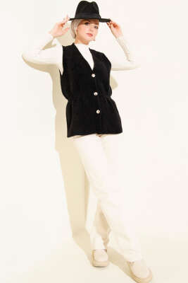 Gold Düğmeli Sakallı Yelek Siyah - Yelek