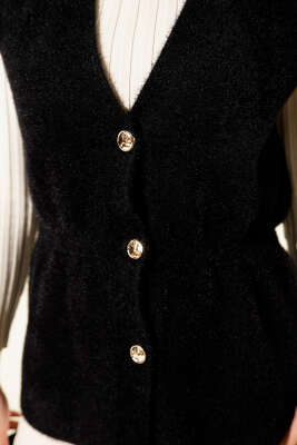 Gold Düğmeli Sakallı Yelek Siyah - Yelek