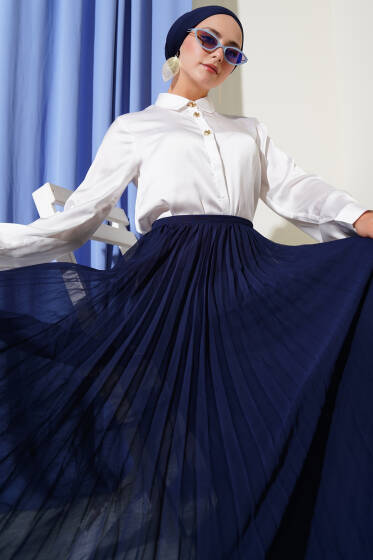 Gold Düğmeli Saten Gömlek Beyaz - Yılın Fırsatı