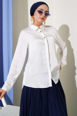 Gold Düğmeli Saten Gömlek Beyaz - Yılın Fırsatı