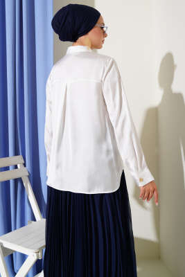 Gold Düğmeli Saten Gömlek Beyaz - Yılın Fırsatı