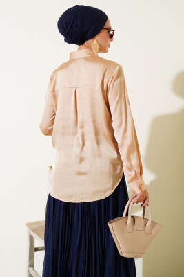 Gold Düğmeli Saten Gömlek Camel - 100-300 TL Ürünler