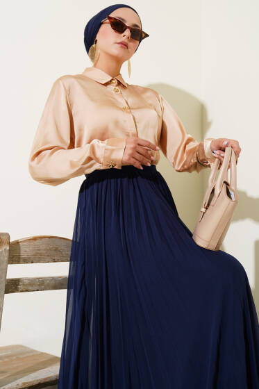 Gold Düğmeli Saten Gömlek Camel - Gömlek